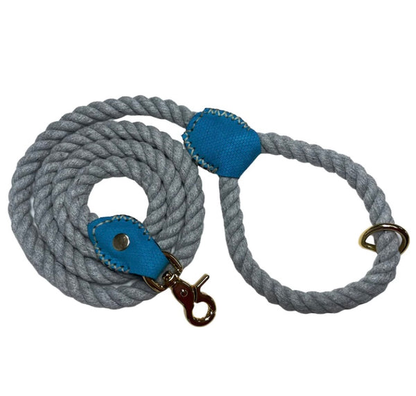 Blue/Grey Leather & Cotton Rope Dog Lead By The Luna Co