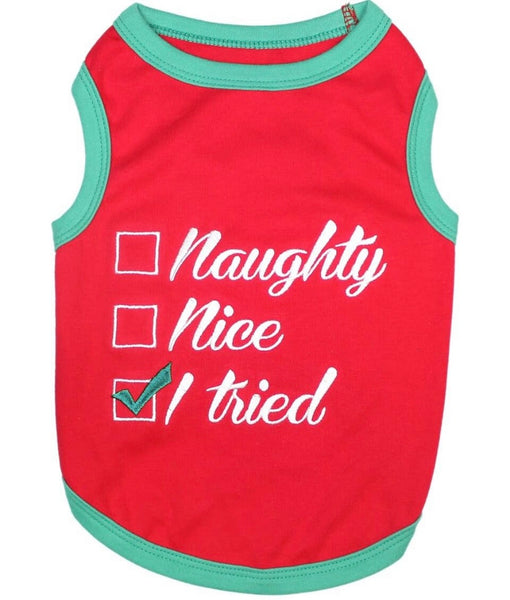 Festive Naughty, Nice, I Tried Dog T-Shirt By Parisian Pet